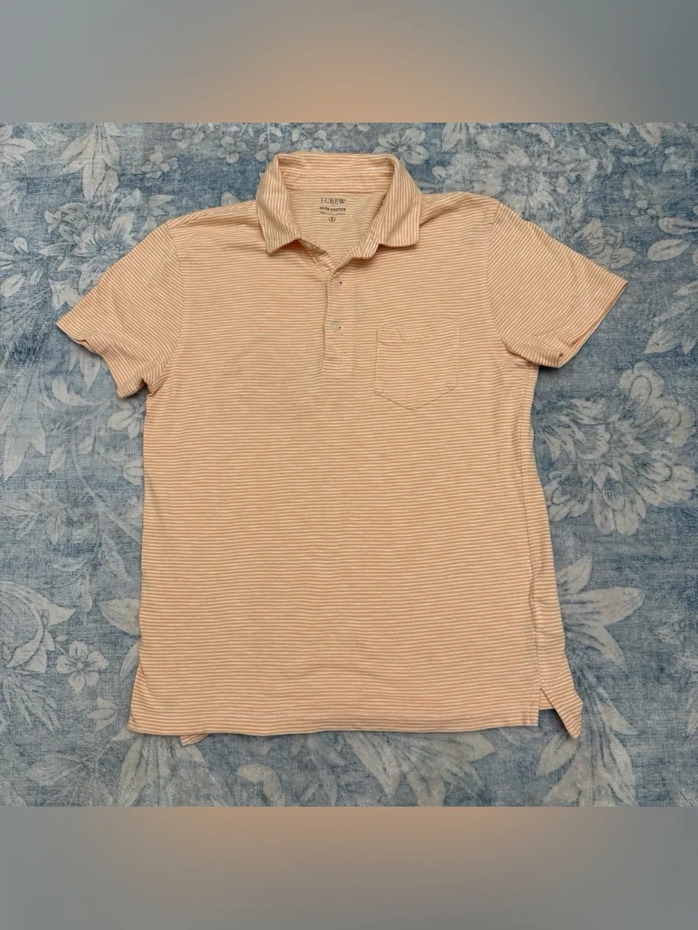 J Crew Men Striped Slub Cotton Short Sleeve Pocket Polo Shirt Small Orange White